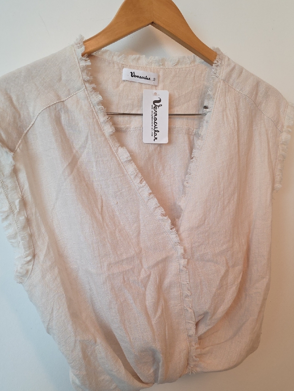 Vernacular Light Beige Frayed Wrap Top NWT